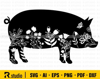 Floral Pig SVG Files/ Floral Farm Animals SVG/ Hog With Flower Svg/ Silhouette/ Farm Life/ Poultry Sign/ Clipart/ Cricut/ Swine Dxf/ Decal
