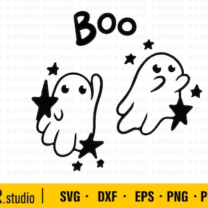 Könnte beinhalten: Eine Schwarzweißillustration von zwei Geistern mit Sternen. Der Text "Boo" ist oben im Bild in Schwarz geschrieben.