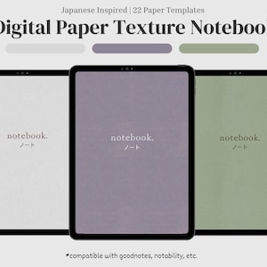Peut inclure: Trois carnets numériques à texture papier pour la prise de notes. Les carnets sont affichés sur l'écran d'une tablette. Les carnets sont en blanc, violet et vert. Le texte "notebook. ノート" est affiché sur chaque carnet.