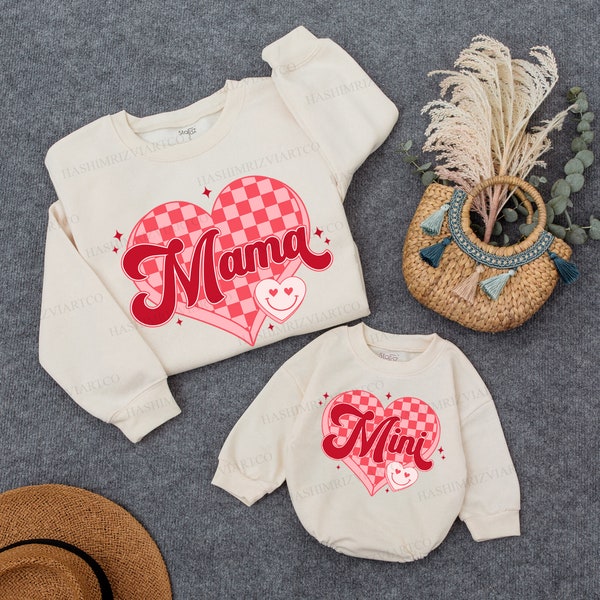 Personalized Mama and Mama's Valentine Sweatshirt, Mama and Mini, Retro Valentines Heart Outfit, Mom And Baby Matching, Mother's Day Gift