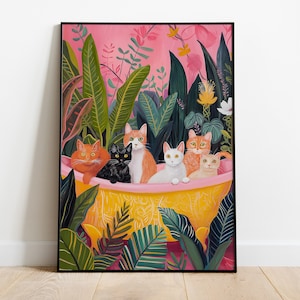 Funny Cats in Bath Print: Floral Bathroom Wall Art