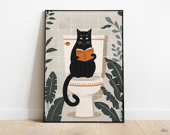Cat on Toilet Print: Botanical Bathroom Wall Art