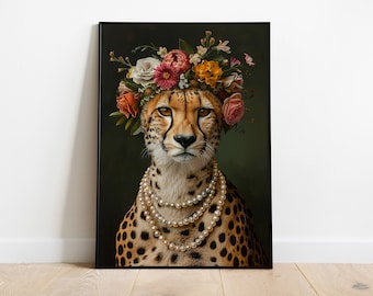 Cheetah Portrait Print: Eclectic Floral Animal Wall Art