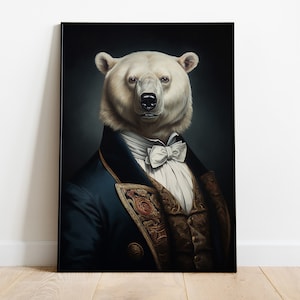 Polar Bear Portrait Print, Renaissance White Bear Oil Painting, Vintage Polar Bear Artwork, Animal Head Human Body Poster, Bear Wall Decor