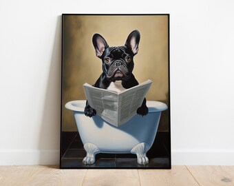 Funny French Bulldog in Bath Print: Bathroom Wall Art