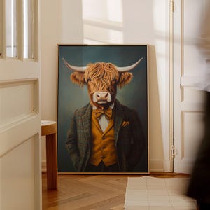 Highland Cow in Suit Canvas Art, Funny Cow Portrait Wall Print, Dressed Animal Framed Canvas, Quirky Scottish Cow, Home Decor Gift Idea