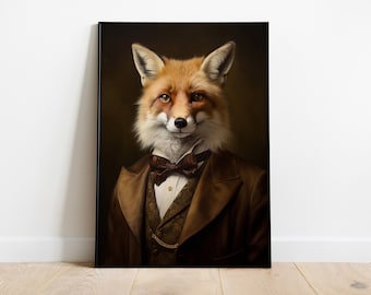 Vintage Fox Portrait Print: Animal Head Human Body Artwork