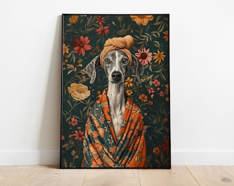 Greyhound in Bathrobe Art Print: Animal Head Human Body Portrait