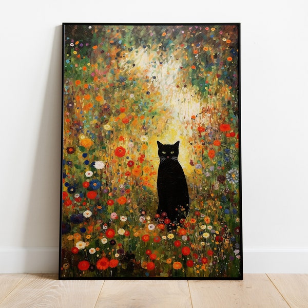 Cat In The Garden Print, Black Cat And Flowers Poster, Cat Portrait Print, Cat Oil Painting In Gustav Klimt Style, Cat Wall Art, Unique Gift