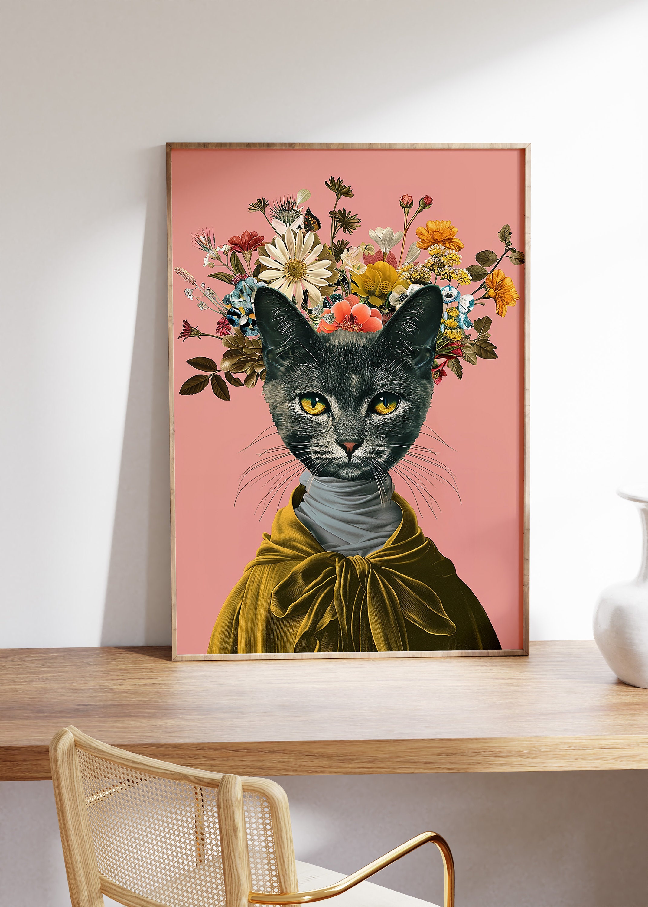 Eclectic Cat Portrait Print: Colourful Floral Crown, Animal Head Human ...