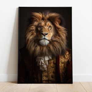Lion Portrait Print, Renaissance Lion Poster, Vintage Lion Artwork, Animal Head Human Body Illustration, Animal Wall Art, Lion Home Decor