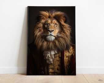 ライオンの肖像画アートプリント – ルネッサンス動物画、威厳ある動物
