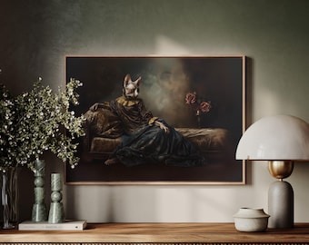 Renaissance Sphynx Cat Portrait: Gothic Framed Canvas Art