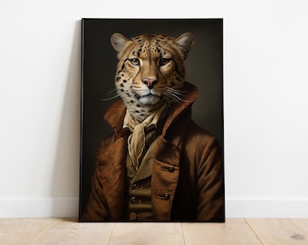 Renaissance Cheetah Portrait Print: Wild Animal Head Human Body Poster