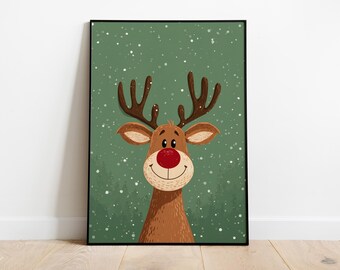 Rudolph Reindeer Art Print, Cute Christmas Decor, Kids Room Poster