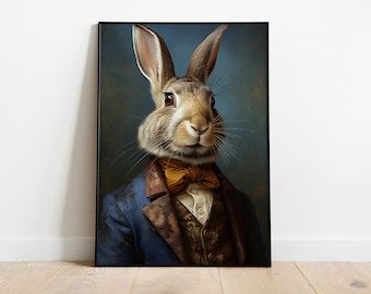 Renaissance Rabbit Portrait Print: Vintage Animal Head Human Body Art