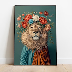 Lion Portrait Print, Regal Lion Wall Art, Floral Animal Poster, Anthropomorphic Lion Illustration, Quirky Decor, Gift for Lion Lovers