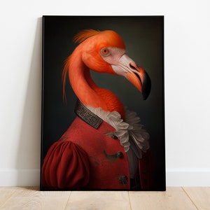 Flamingo Portrait Print, Orange Heron Poster, Renaissance Animal Painting, Altered Art Print, Animal Head Human Body, Victorian Home Decor