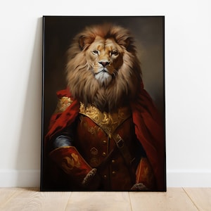 Lion Portrait Print, Renaissance Lion Oil Painting, Vintage Lion Artwork, Animal Head Human Body Poster, Lion Lovers Gift, Lion Home Decor