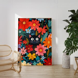 Colorful Floral Cat Art Print, Black Cat in Flowers Wall Decor, Whimsical Botanical Illustration, Unframed Animal Art Poster, Cat Lover Gift