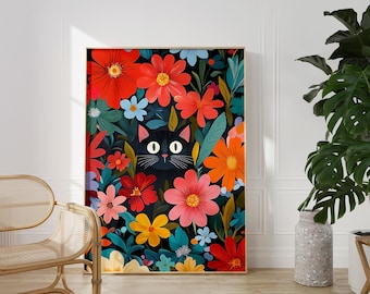 Floral Cat Art Print: Whimsical Botanical Black Cat Poster
