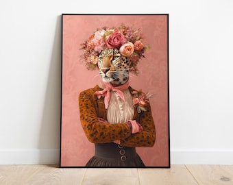Floral Leopard Art Print: Feminine Jungle Cat Portrait for Bold Interiors
