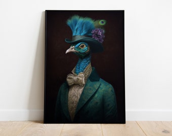 Vintage Peacock Print, Victorian Peacock Poster, Altered Peacock Portrait, Large Bird Illustration, Peacock Lover Gift, Animal Home Decor