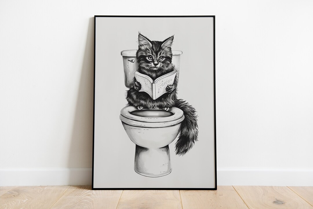 Funny Cat Bathroom Print: Kitten Reading on Toilet, Whimsical Wall Art ...