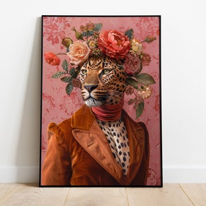 Impresión de retrato de leopardo, póster ecléctico de leopardo rosa, pintura al óleo de leopardo con flores coloridas, arte corporal humano con cabeza de animal, regalo para amantes de los leopardos