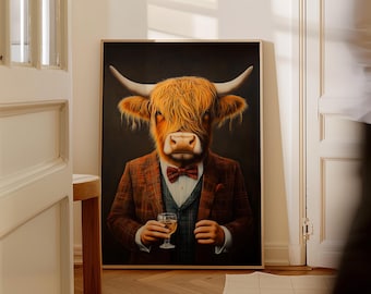 Highland Cow Whisky Canvas Print: Funny Animal Wall Art