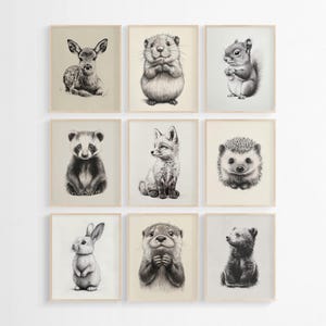 Woodland Baby Animal Gallery Wall Art - Set of 9 Prints, Nursery Decor, PRINTABLE Forest Animals Nursery Wall Art, Baby Room Illustrations