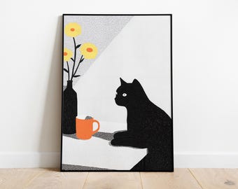 Vintage Black Cat Print: Kitchen Wall Art with Flowers
