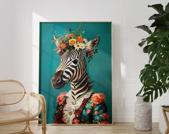 Floral Zebra Portrait Print: Anthropomorphic Animal Wall Art