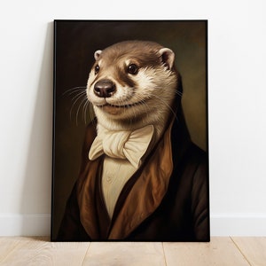 Impresión de arte de nutria, pintura al óleo de nutria renacentista, arte de retrato de nutria retro, cuerpo humano de cabeza de animal, cartel de animales divertido, decoración de pared de nutria