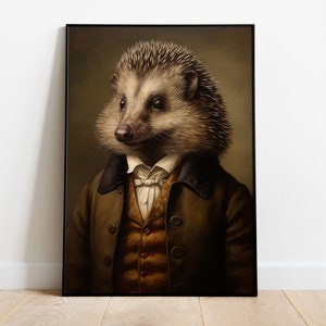 Stampa di un ritratto di riccio, dipinto a olio di un riccio rinascimentale, opera d'arte vintage di un riccio, poster di una testa di animale con un corpo umano, decorazione da parete con un riccio