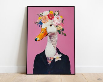 Impresión ecléctica de retrato de pato: Arte mural con cabeza de animal y cuerpo humano