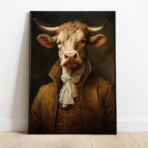 Impressão de retrato de touro renascentista: Arte com cabeça de animal e corpo humano