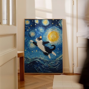 May include: A black and white cat with a yellow sun and swirling blue sky in the background. The cat is flying in the air with its paws outstretched. The painting is in the style of Vincent van Gogh's Starry Night.