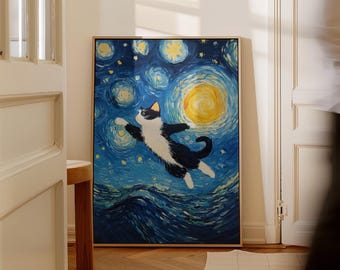 Tuxedo Cat Canvas Print: Starry Night, Van Gogh Style, Framed Wall Art