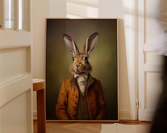 Hare in Suit Canvas Art Print: Whimsical Vintage Rabbit Portrait