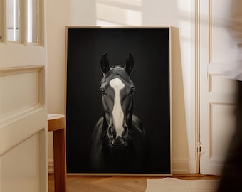 Retrato de caballo con llamas blancas: Impresión artística ecuestre enmarcada en lienzo