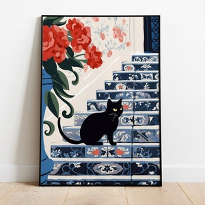 Black Cat Azulejos Print: Mediterranean Staircase Art