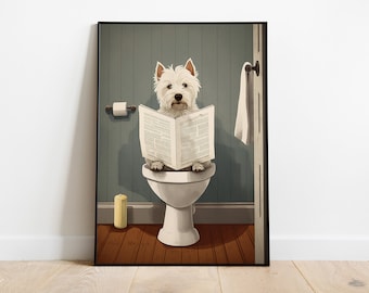 Funny Westie Bathroom Print: Dog Reading Newspaper Toilet Poster