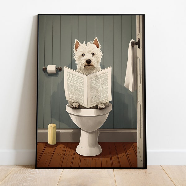 Westie assis sur les toilettes, lisant un journal, art du West Highland Terrier, affiche de salle de bain drôle de chien, décoration murale de toilette, cadeau pour les amoureux du Westie