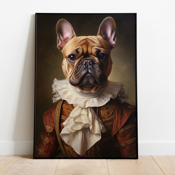 Impression de portrait de bouledogue français, peinture à l'huile de bouledogue français de la Renaissance, oeuvre d'art vintage de bouledogue français, décoration d'art murale de bouledogue français