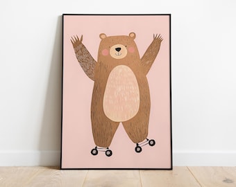 Bear Rollerblading Nursery Print, Pink Kids Room Decor