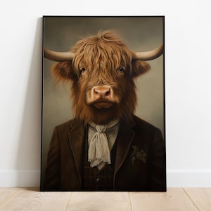Retrato de vaca das Terras Altas - Impressão: Arte engraçada com cabeça de animal e corpo humano