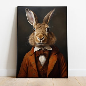 Rabbit Portrait Print, Renaissance Rabbit Oil Painting, Vintage Rabbit Artwork, Animal Head Human Body Poster, Animal Art, Rabbit Wall Decor
