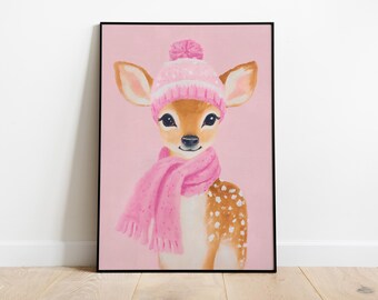 Baby Deer Art Print, Pink Winter Hat, Nursery Wall Decor