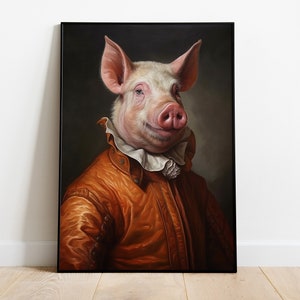 Vintage Pig Portrait Print, Renaissance Pig Oil Painting, Animal Head Human Body Poster, Funny Animal Art, Pig Wall Art, Farm Animal Decor